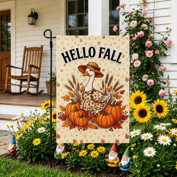 Rdsfhsp Hello Fall Goose Garden Flag 12x18 Inch, Linen Outdoor Yard Flag, Autumn Harvest Decorative Flag for Front Porch Lawn Patio Garden Decor