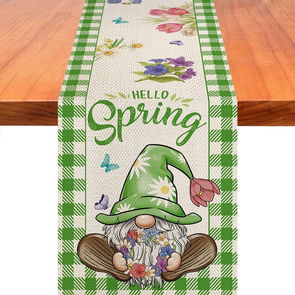 Rdsfhsp Hello Spring Table Runner Green Buffalo Plaid Spring Gnome ...