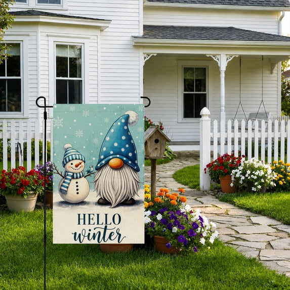 Rdsfhsp Hello Winter Garden Flag 12x18 Inch, Linen Snowman Gnome Yard Flag, Double Sided Outdoor Porch Lawn Winter Holiday Decor