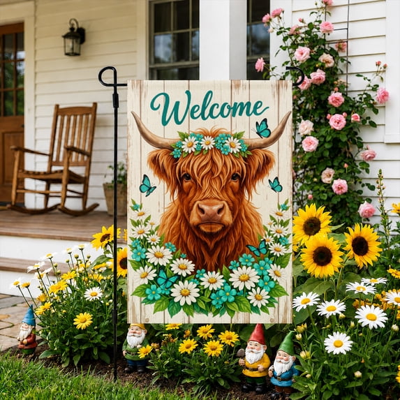 Rdsfhsp Highland Cow Floral Garden Flag 12x18 Inch, Linen Outdoor Decorative Yard Flag, Farm Animal Welcome Flag for Front Porch Lawn Patio Garden Home Decor
