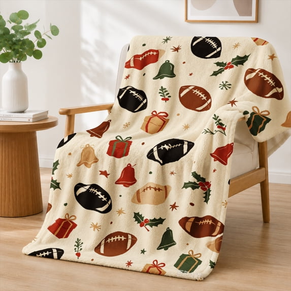 Rdsfhsp Holiday Football Christmas Bells Pattern Flannel Throw Blanket Soft Warm Fleece Blanket for Sports Lovers Couch Decor