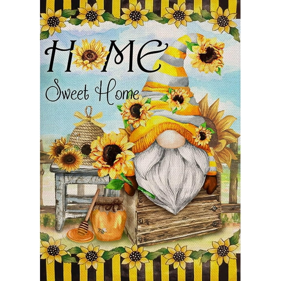 Rdsfhsp Home Sweet Home Gnome Sunflower Spring Summer Small Decorative Garden Flag, Bee Honey Yard Home Outside Black Yellow Stripe Flag Decoration, Fall Farmhouse Outdoor Decor Double Sided 12x18