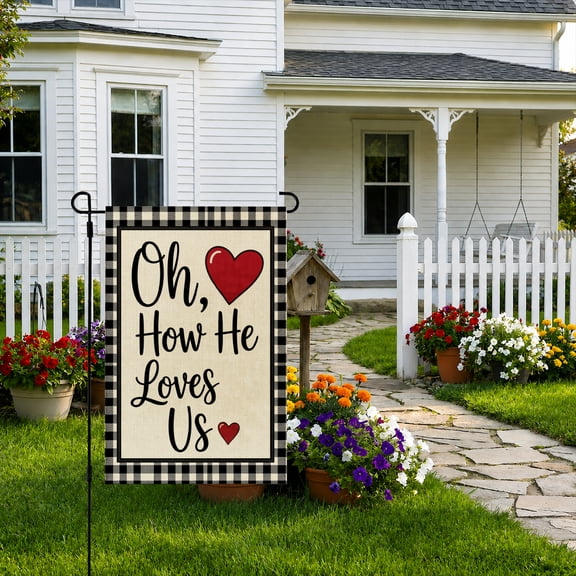 Rdsfhsp How He Loves Us Garden Flag 12x18 Inch, Linen Christian Scripture Yard Flag, Double Sided Outdoor Porch Lawn Faith Decor