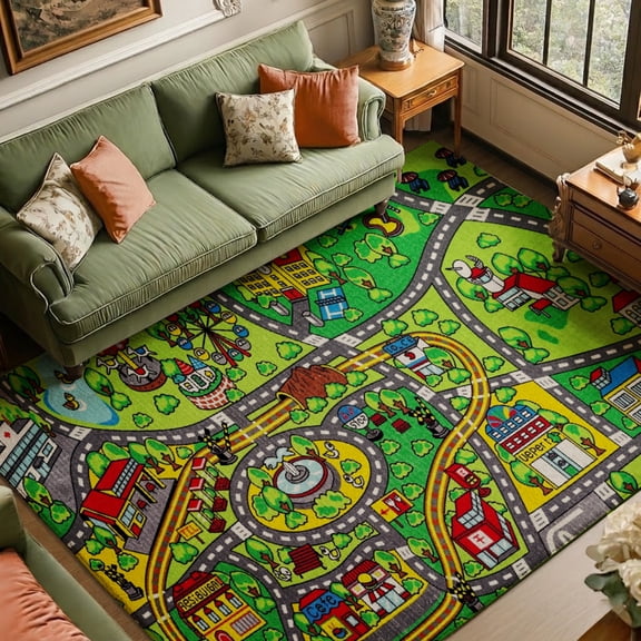 Rdsfhsp Kids Velvet Area Rug City Park Road Map Car Play Mat, Non Slip Soft Plush Carpet, Machine Washable Stain Resistant Durable, Boys Bedroom Playroom Daycare Classroom Floor Mat