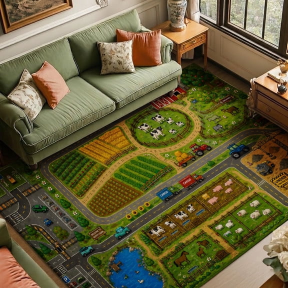Rdsfhsp Kids Velvet Area Rug Farm Animal Tractor Map Play Mat, Non Slip Soft Plush Carpet, Machine Washable Stain Resistant Durable, Nursery Bedroom Playroom Daycare Classroom Floor Mat Decor