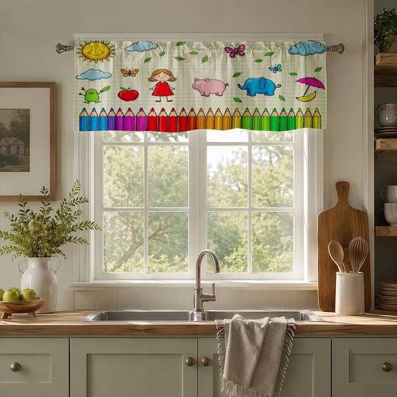 Rdsfhsp Kids Window Valance Curtain, Colorful Animal and Pencil Pattern Decorative Rod Pocket Curtain for Playroom Bedroom Decor