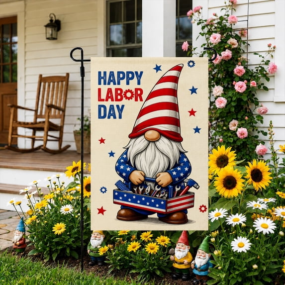 Rdsfhsp Linen Garden Flag Happy Labor Day Gnome Patriotic Stripe Farmhouse Yard Decor American Celebration Outdoor Porch Banner Double Sided Decoration 12x18
