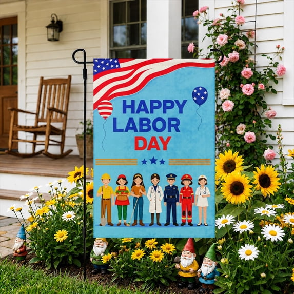 Rdsfhsp Linen Garden Flag Happy Labor Day Worker Crowd Patriotic Farmhouse Yard Decor American Celebration Outdoor Porch Banner Double Sided Decoration 12x18