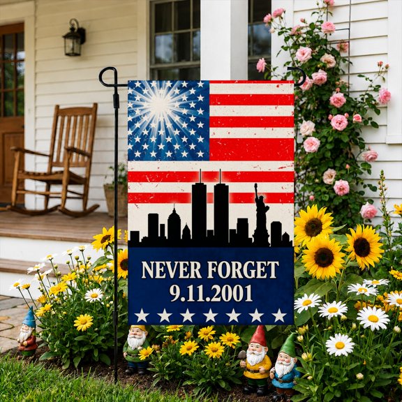 Rdsfhsp Linen Garden Flag Never Forget City Skyline Silhouette American Flag Farmhouse Yard Decor Memorial Tribute Outdoor Porch Banner Double Sided Decoration 12x18