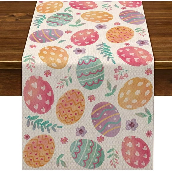 Rdsfhsp Linen Happy Easter Table Runner Spring Easter Eggs Table Decoration for Farmhouse Home Holiday Dining Room Kitchen Table Decor (13" x 72")