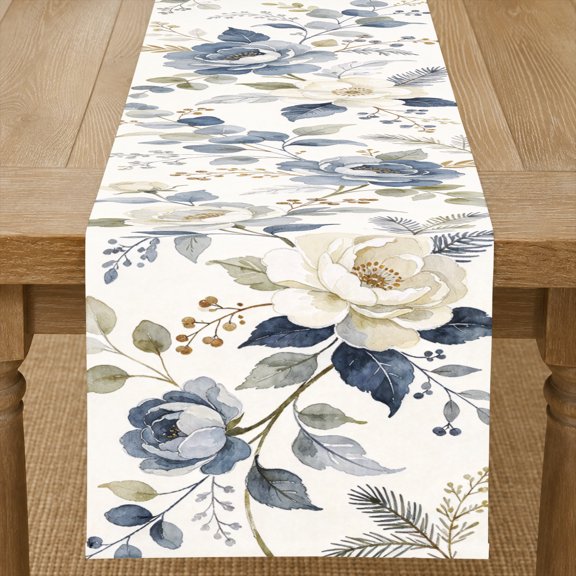 Rdsfhsp Linen Table Runner Blue White Rose Floral Table Runner Elegant Botanical Kitchen Dining Room Table Decor Farmhouse Cover