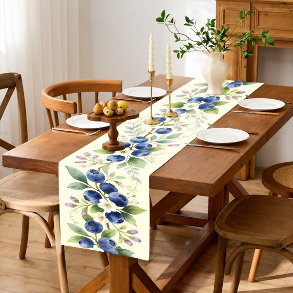 Rdsfhsp Linen Table Runner Blueberry Fruit Vine Table Runner Summer Botanical Kitchen Dining Room Table Decoration Farmhouse Table Cover