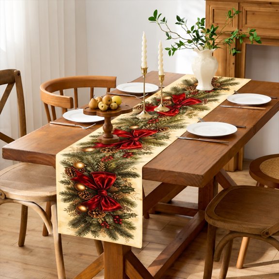 Rdsfhsp Linen Table Runner Christmas Pine Garland Red Berry Table Runner Winter Holiday Kitchen Dining Room Table Decor Farmhouse Cover
