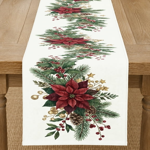 Rdsfhsp Linen Table Runner Christmas Poinsettia Garland Table Runner Winter Holiday Kitchen Dining Room Table Decor Farmhouse Cover