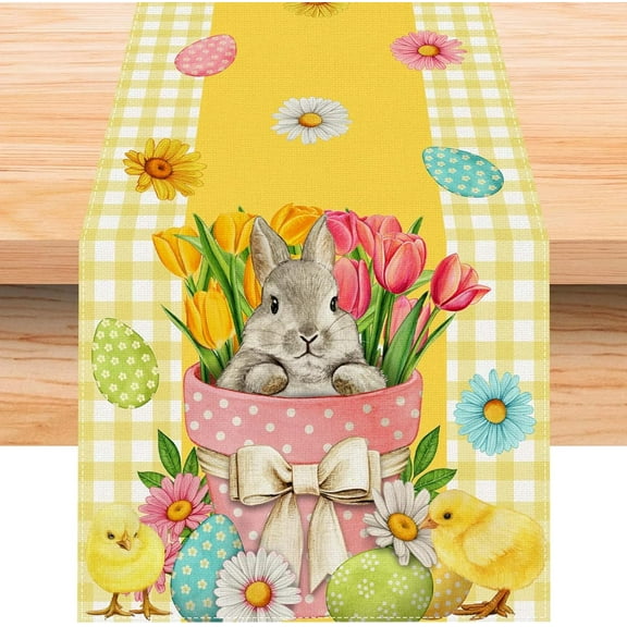 Rdsfhsp Linen Yellow and White Buffalo Check Plaid Easter Table Runner 13x72 Inches Long Easter Egg Bunny Chick Daisy Tulip Floral Table Decor Spring Summer Easter Home Kitchen Table Decor