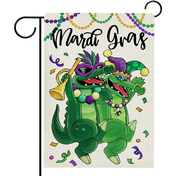 Rdsfhsp Mardi Gras Green Alligator Linen Garden Flag Double Sided, New Orleans Carnival Masquerade Mask Decorative Yard Outdoor Home Small Decor 12x18 inch