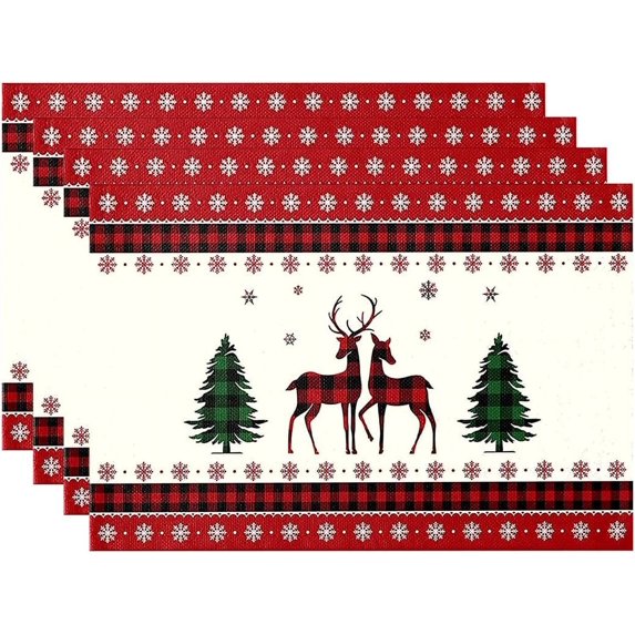 Rdsfhsp Merry Christmas Checkered Deer Christmas Tree Placemat for Dining Table, 12 x 18 Inch Seasonal Winter Xmas Holiday Rustic Vintage Table Mats Set of 4