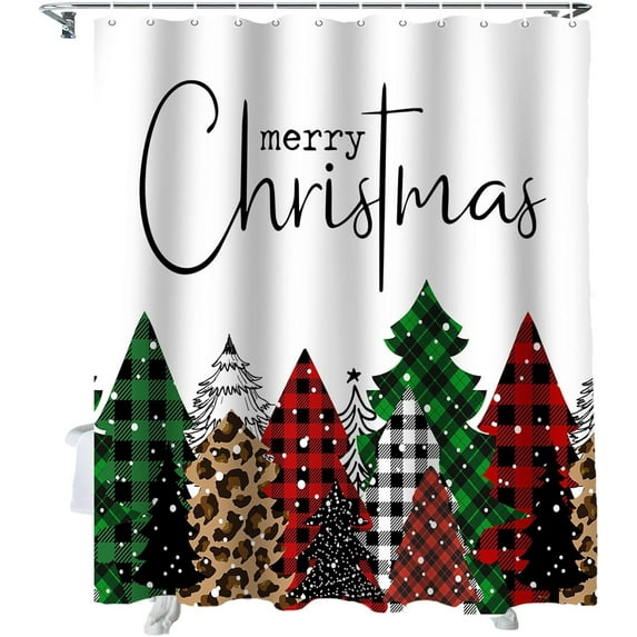 Rdsfhsp Merry Christmas Shower Curtain, Buffalo Plaid Xmas Tree Winter Forest Farmhouse Polyester Shower Curtains with Hooks, Red Green Waterproof Bathroom Curtains Decor 72 X 72 inch