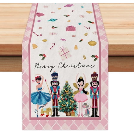 Rdsfhsp Merry Christmas Table Runner 13x72 Inches,Nutcracker Tree Winter Seasonal Burlap Pink Diamond Farmhouse Indoor Kitchen Dining Table Holiday Decoration for Home Party AT469-72