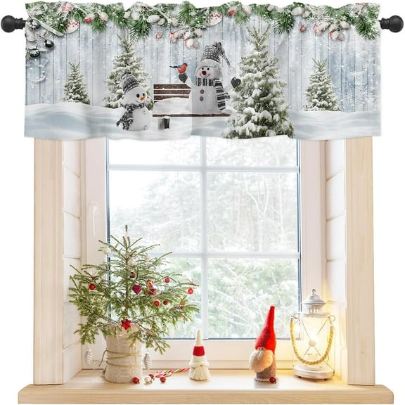 Rdsfhsp Merry Christmas Valance Curtains for Kitchen Windows Xmas Snowman Snowy Pine Tree Rod Pocket Window Treatment Toppers for Kitchen/Living Room/Bedroom/Bathroom, 54" X 18"