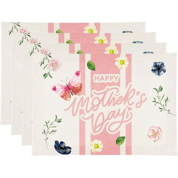 Rdsfhsp Mother's Day Linen Placemats Set of 4, Seasonal Spring Holiday Kitchen Dining Floral Table Mats for Indoor Outdoor Home Party Decor - 12 x 18 Inches