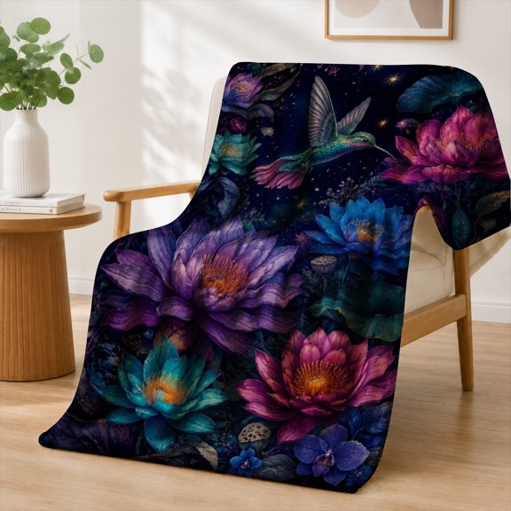 Rdsfhsp Mystical Hummingbird Lotus Flowers Night Sky Art Flannel Throw Blanket Soft Warm Cozy Fleece Blanket Living Room Decor