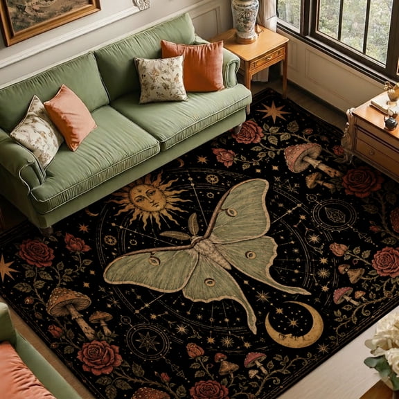 Rdsfhsp Mystical Moth Velvet Area Rug, Celestial Sun Moon Floral and Botanical Pattern Soft Carpet for Bedroom Living Room Boho Gothic Home Decor