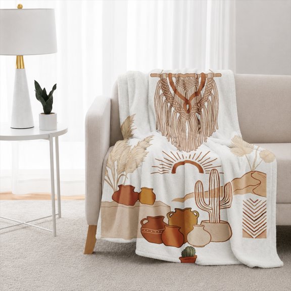 Rdsfhsp Neutral Boho Throw Blanket, Plush Flannel Fleece with Pampas‑grass, Macrame, Pottery and desert‑botanical elements, suitable for couch‑bed living‑room decor.