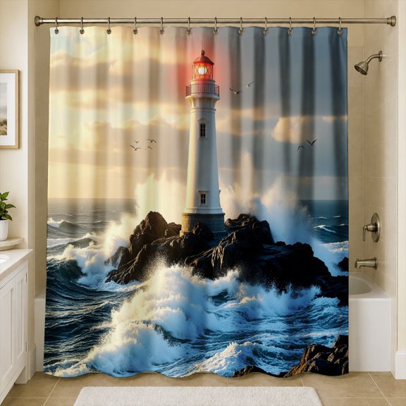 Rdsfhsp Ocean Lighthouse Stormy Waves Night Shower Curtain, Nautical Marine Sailor Sea Landscape Bathroom Decor, Waterproof Washable Polyester Fabric Bath Curtains with Hooks, 72x72 Inches
