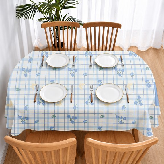 Rdsfhsp Oval Tablecloth, Blue Grid Floral Table Cover for Dining Table, Washable Kitchen Tablecloth, Reusable Table Protector, Modern Country Home Decor