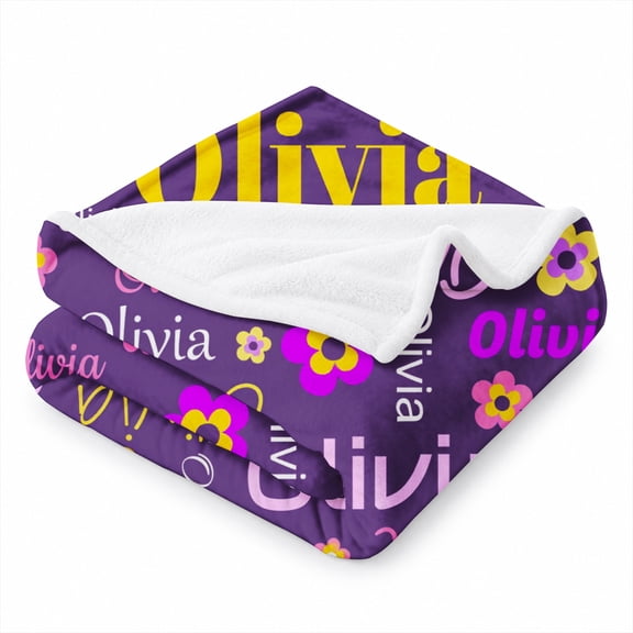 Rdsfhsp Personalized Purple Floral Name Soft Flannel Throw Blanket, Ultra Soft Plush Fleece Blanket for Couch Sofa Bed, Custom Style Blanket for Kids, Teens and Bedroom Decor 50"x40"