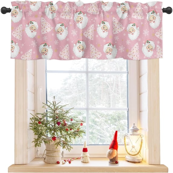 Rdsfhsp Pink Christmas Valance Curtains for Kitchen Windows Santa Claus Merry Christmas Tree Rod Pocket Window Treatment Toppers for Kitchen/Living Room/Bedroom/Bathroom, 54" X 18"