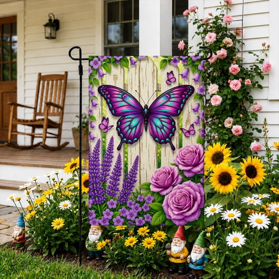 Rdsfhsp Purple Butterfly Floral Garden Flag 12x18 Inch, Linen Outdoor Decorative Yard Flag, Spring Botanical Flag for Front Porch Lawn Patio Garden Decor