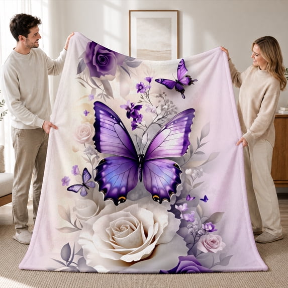 Rdsfhsp Purple Butterfly Rose Floral Soft Flannel Throw Blanket, Ultra Soft Plush Fleece Blanket for Couch Sofa Bed, Elegant Decorative Blanket for Bedroom and Living Room 60"x50"