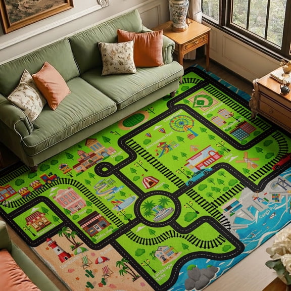 Rdsfhsp Racing Track Velvet Area Rug, Green Road Course Pattern Soft Carpet for Kids Room Playroom Bedroom Game Room Activity Space Decor
