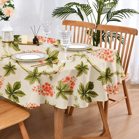 Rdsfhsp Red Berry Green Vine Oval Tablecloth, Country Floral Farmhouse Table Cover, Machine Washable 60" x 84" Oval Table