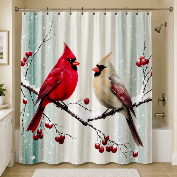 Rdsfhsp Red Cardinal Birds Winter Branch Shower Curtain, Wildlife Nature Garden Bathroom Decor, Waterproof Washable Polyester Fabric Bath Curtain with Hooks, 72x72 Inches