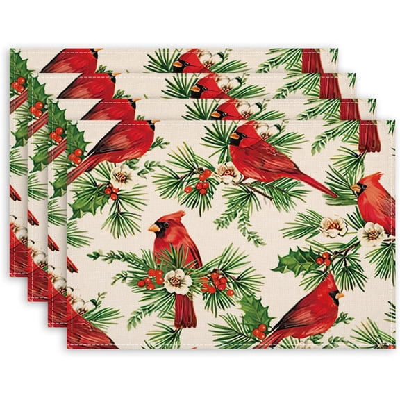 Rdsfhsp Red Cardinal Christmas Placemats Set of 4, 12x 18 Inch Holiday Winter Xmas Farmhouse Place Mats Linen Dining Table Mats for Christmas Party Kitchen Dining Decoration