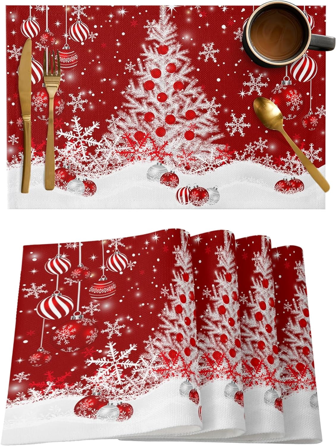Rdsfhsp Red Christmas Placemats Set of 4, White Xmas Tree Snowflakes ...