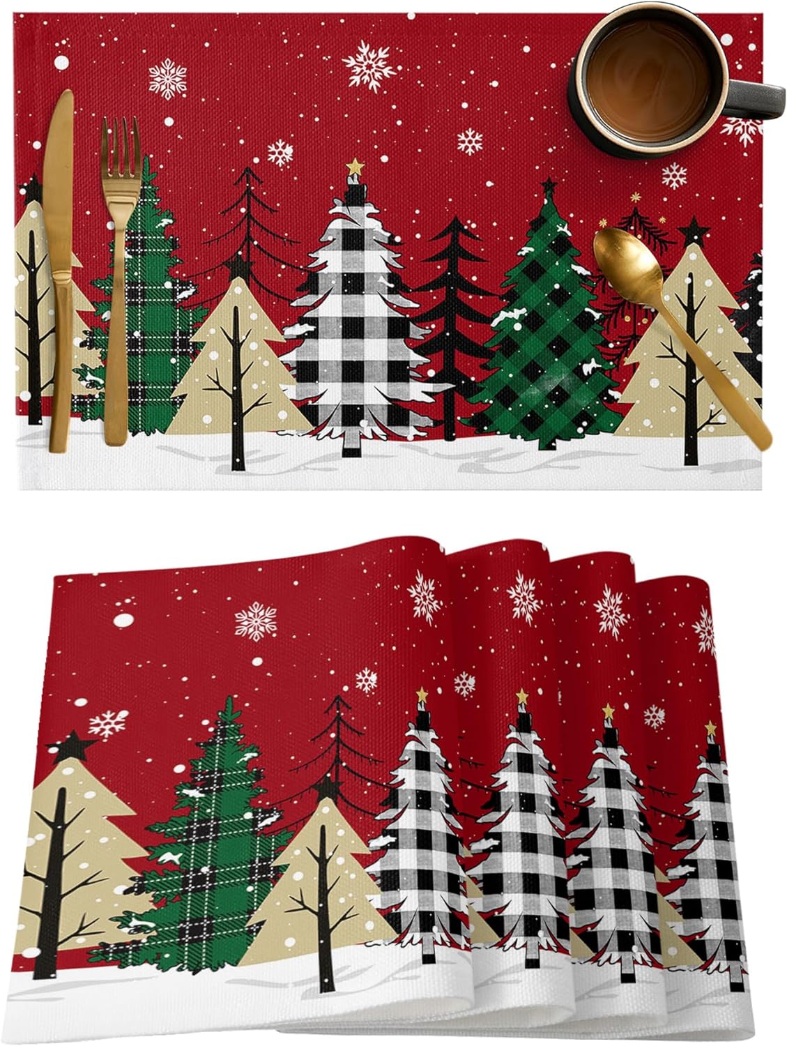 Rdsfhsp Red Merry Christmas Placemats Set of 4, Green Christmas Tree