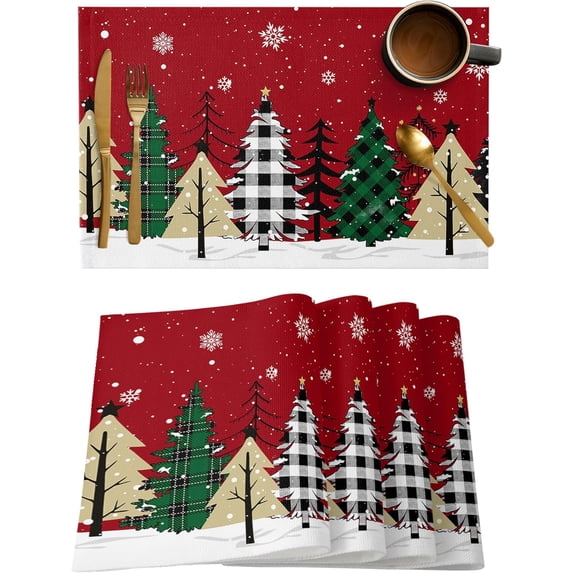 Rdsfhsp Red Merry Christmas Placemats Set of 4, Green Christmas Tree Table Place Mats White Snow Forest Winter Linen Table Linens for Kitchen Dining Party Holiday Decor