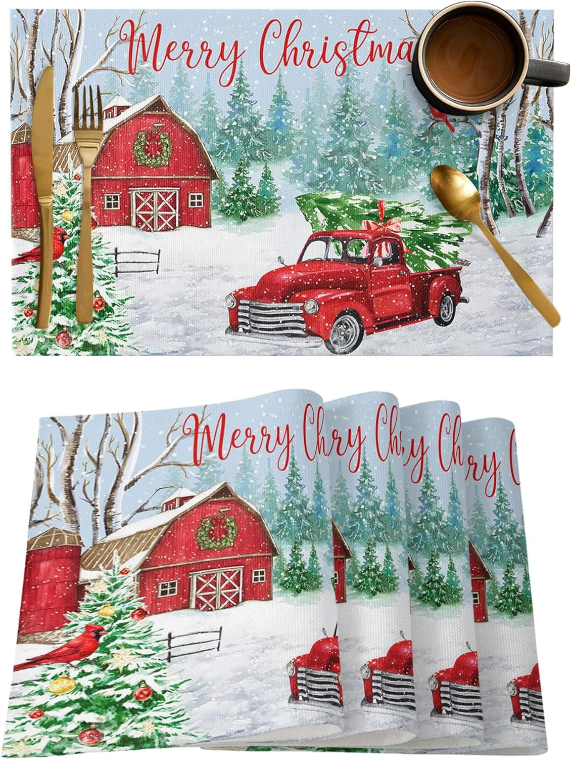Rdsfhsp Red Truck Christmas Placemats Set of 4, Merry Christmas Winter