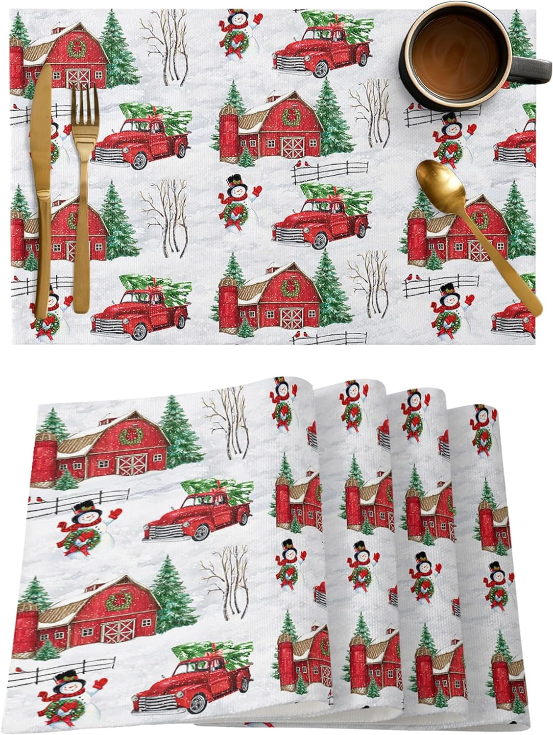 Rdsfhsp Red Truck Christmas Placemats Set of 4, Merry Xmas Snowman Tree