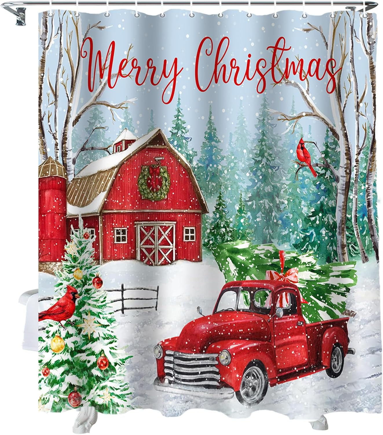 Rdsfhsp Red Truck Christmas Shower Curtain, Merry Christmas Farmhouse