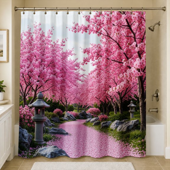 Rdsfhsp Romantic Pink Cherry Blossom Tree Avenue Shower Curtain, Spring Floral Landscape Bathroom Decor, Waterproof Washable Polyester Fabric Bath Curtains with Hooks, 72x72 Inches