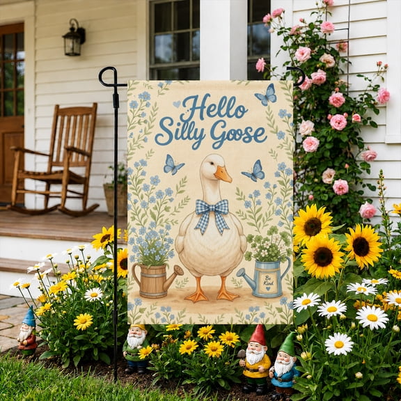 Rdsfhsp Silly Goose Garden Flag 12x18 Inch, Cute Goose Floral Linen Yard Flag, Outdoor Decorative Flag for Garden Lawn Porch Spring Summer Decor