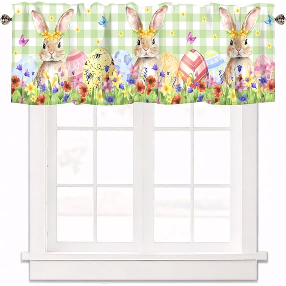 Rdsfhsp Spring Easter Curtain Valance for Windows Easter Eggs Cute Bunny Rabbits Flowers Rod Pocket Polyester Window Treatments for Kitchen Bedroom Living Room, 54 x 18 inch
