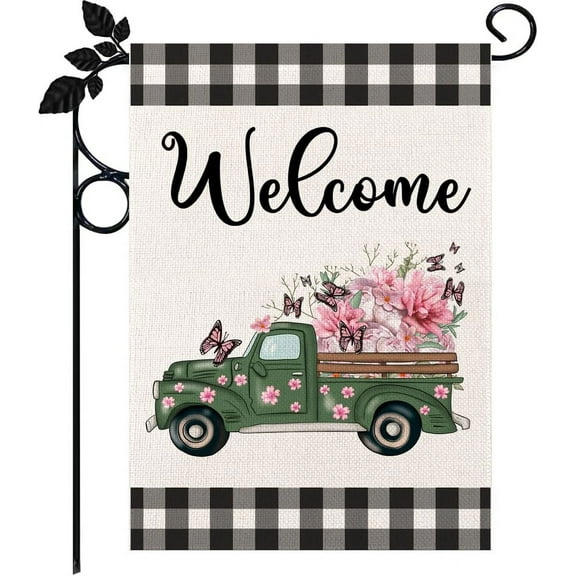 Rdsfhsp Spring Garden Flags, Buffalo Floral Welcome Spring Truck Garden Flag, 12x18 Small Vertical Double Sided Yard Flag, Seasonal Spring Flowers Outdoor Flag Outside Decor for Home Yard Farmhouse