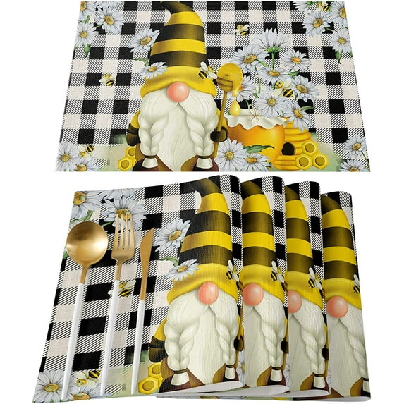 Rdsfhsp Spring Honey Bee Gnome Placemats Set of 4 Summer Daisy Flowers Floral Placemats for Dining Table Linen Table Mats Buffalo Plaid Check Place Mats for Festival Parties 12x18 Inch
