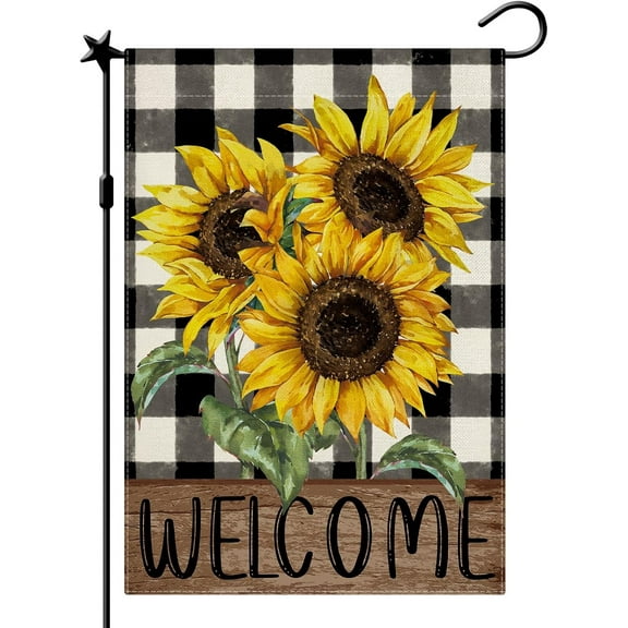 Rdsfhsp Spring Summer Buffalo Floral Sunflower Welcome Linen Garden Flag for Yard Lawn Decor 12"x18"